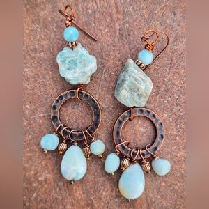 Cloud Warrior Natural Peruvian Amazonite In Hammered Antique Copper Earrings